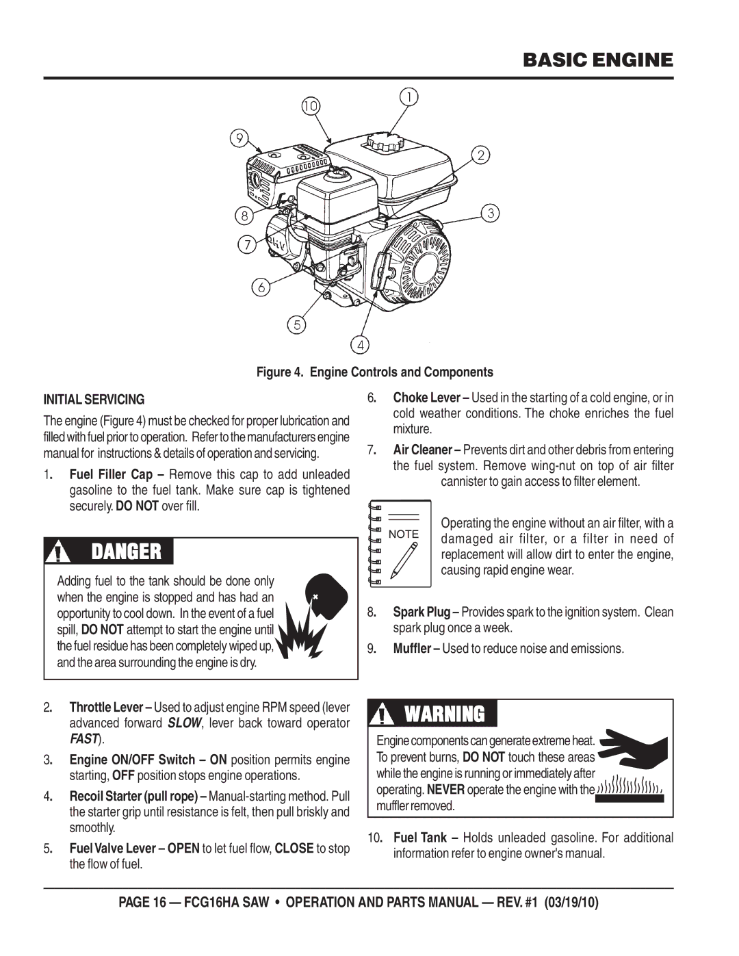 Multiquip FCG1-6HA manual Basic Engine, Engine Controls and Components 