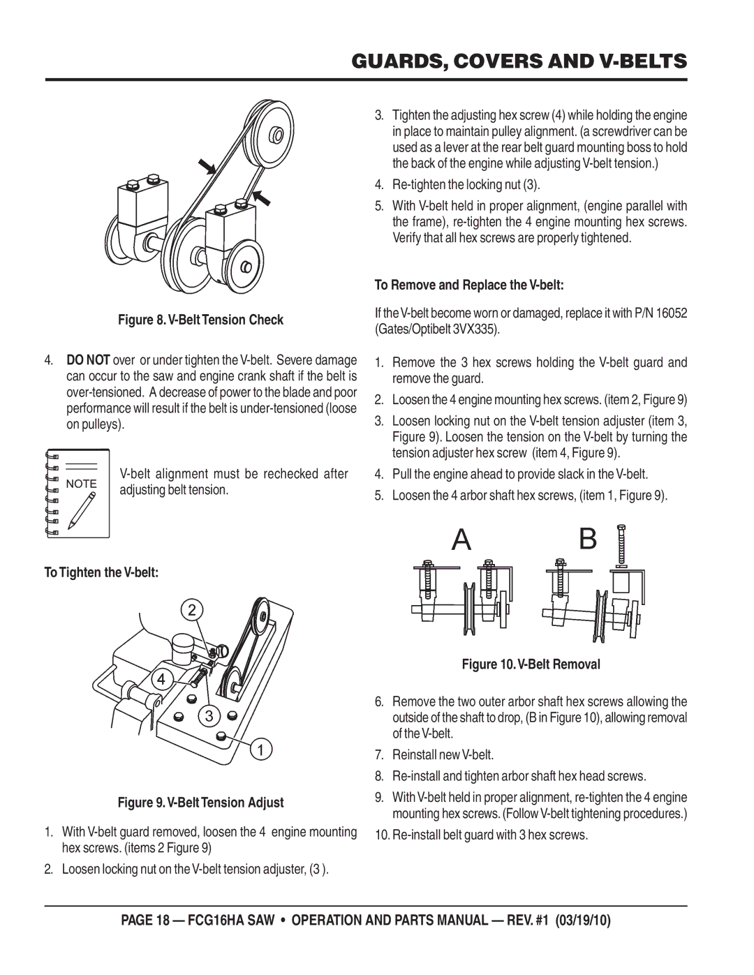 Multiquip FCG1-6HA manual To Tighten the V-belt, To Remove and Replace the V-belt 