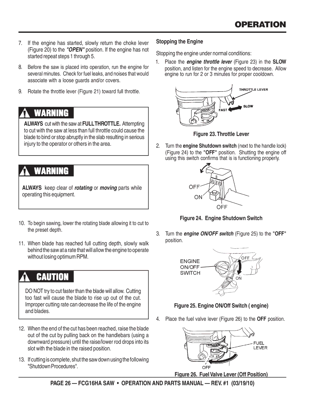 Multiquip FCG1-6HA manual Stopping the Engine, Rotate the throttle lever toward full throttle 