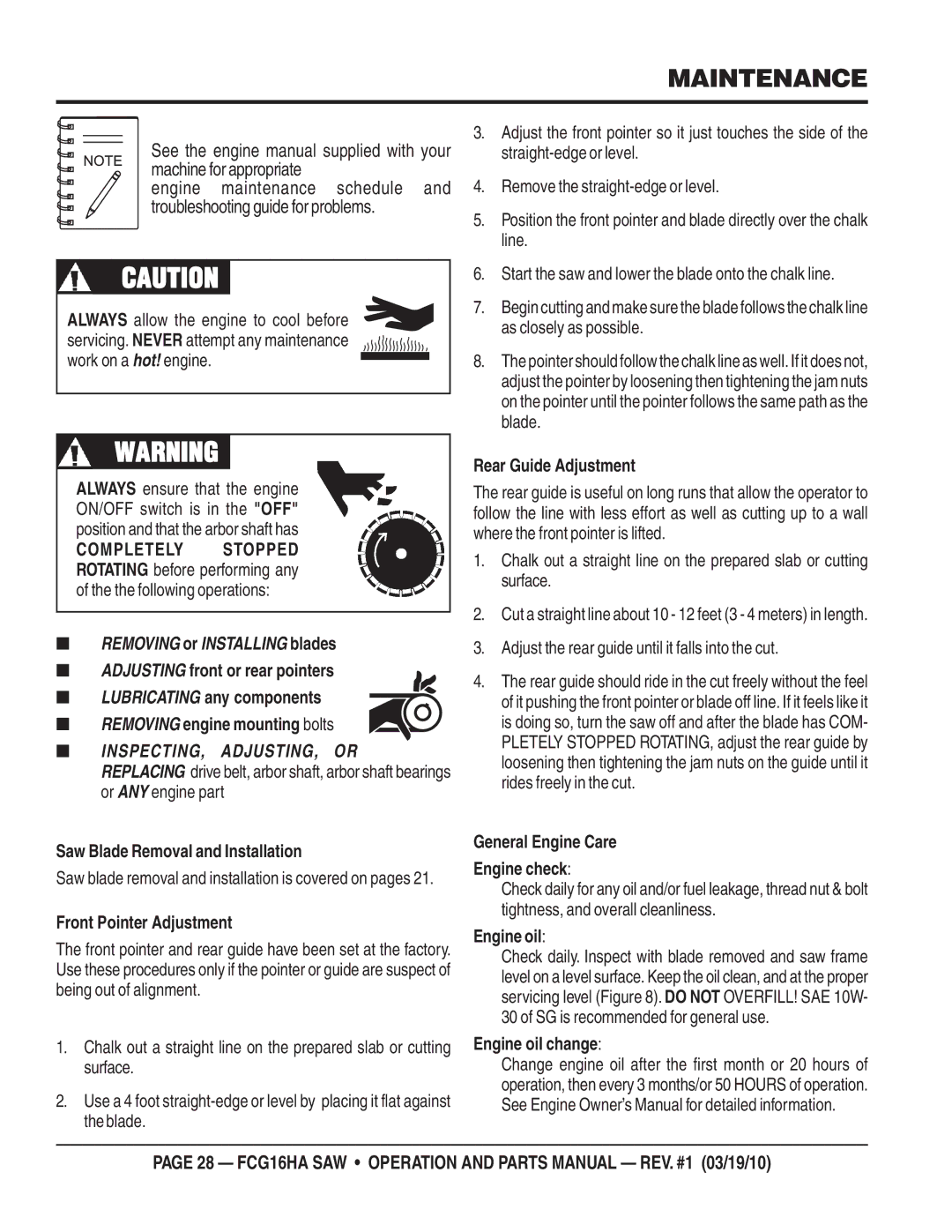 Multiquip FCG1-6HA manual Maintenance 