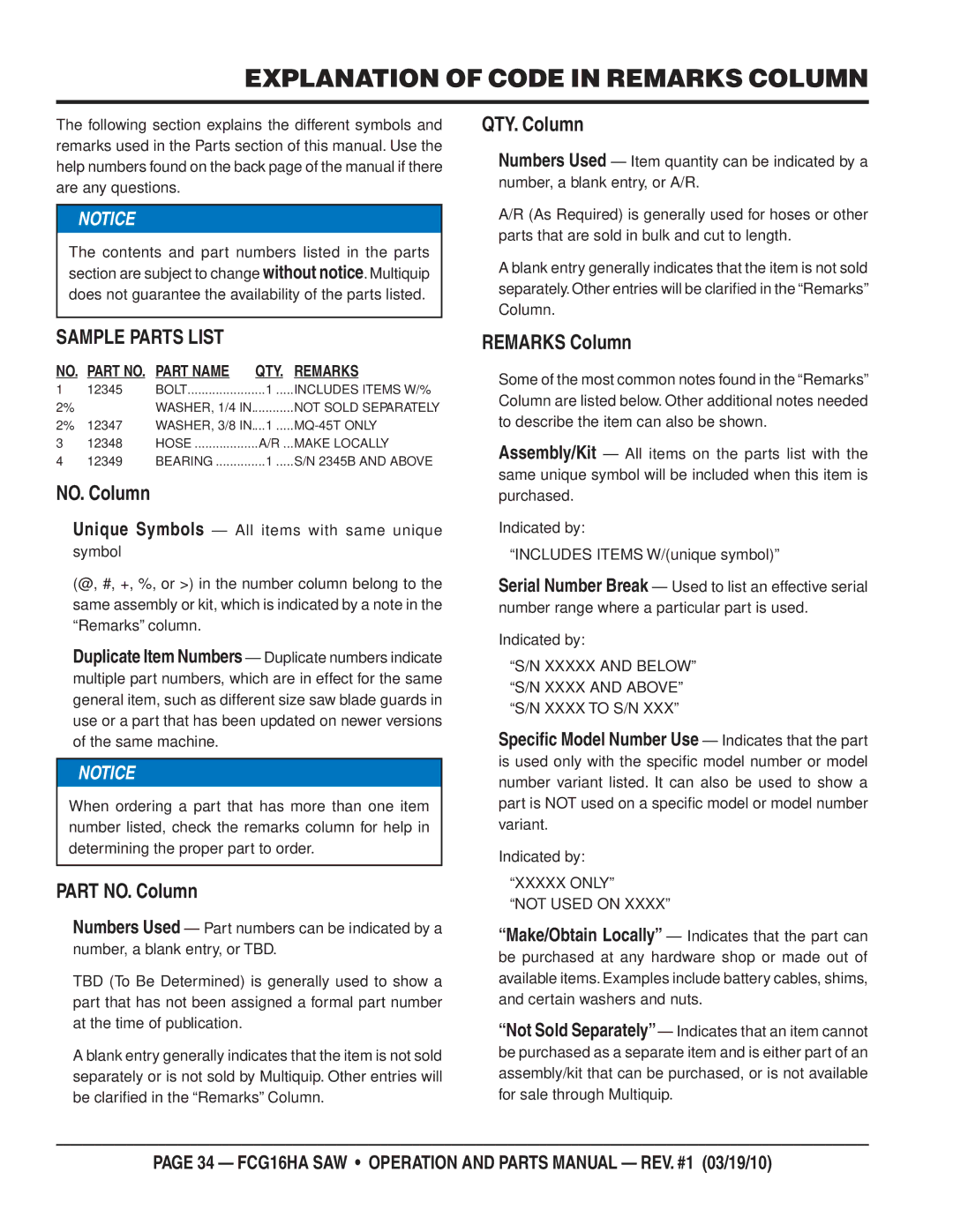 Multiquip FCG1-6HA manual Explanation of Code in Remarks Column, Sample Parts List 