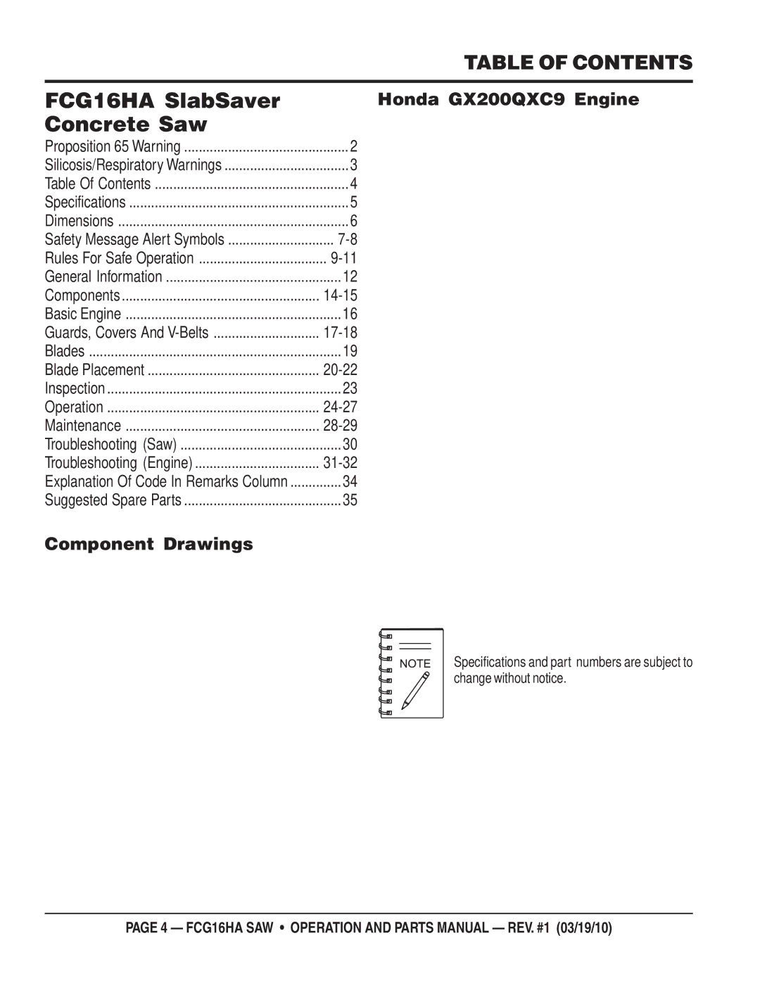 Multiquip FCG1-6HA manual FCG16HA SlabSaver Concrete Saw, Table of Contents 