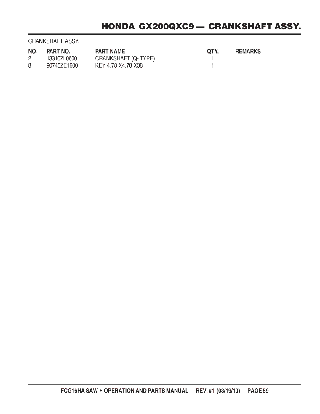 Multiquip FCG1-6HA manual Crankshaft Q- Type 