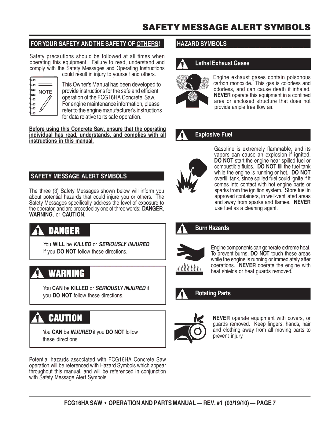 Multiquip FCG1-6HA manual Safety Message Alert Symbols, Foryour Safety and the Safety of Others 