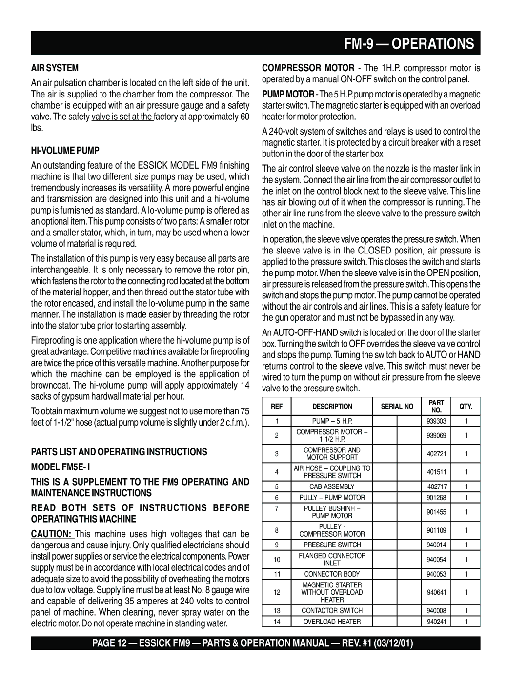 Multiquip FM9 operation manual AIR System, HI-VOLUME Pump, Parts List and Operating Instructions Model FM5E 