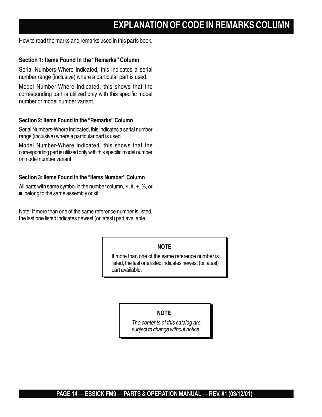 Multiquip FM9 operation manual Explanation of Code in Remarks Column, Items Found In the Remarks Column 