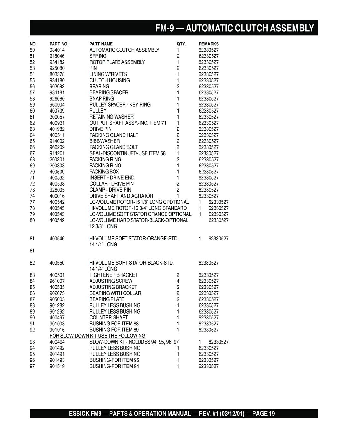 Multiquip FM9 operation manual FM-9 Automatic Clutch Assembly, Drive Shaft and Agitator 