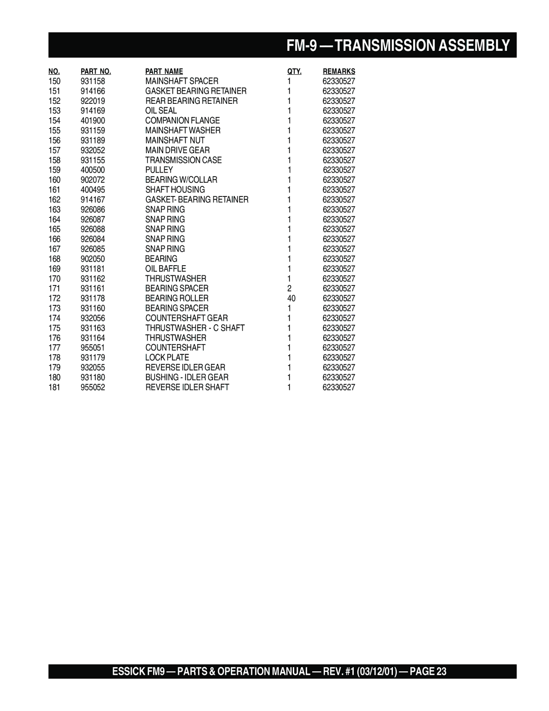 Multiquip FM9 operation manual Mainshaft Spacer 