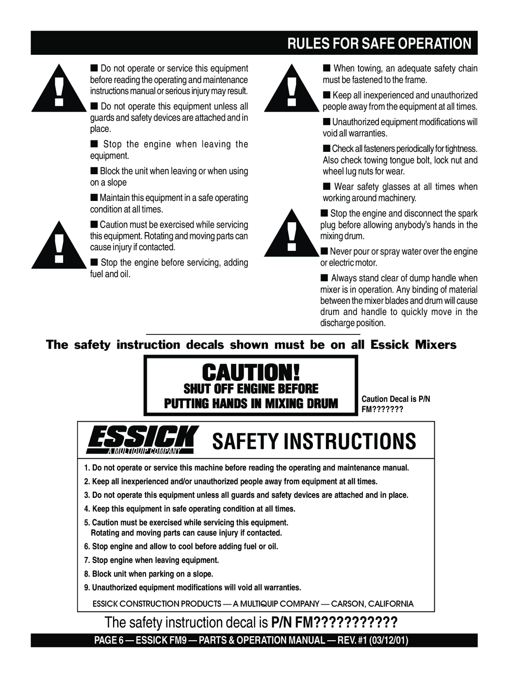 Multiquip FM9 operation manual Safety Instructions, Rules for Safe Operation 