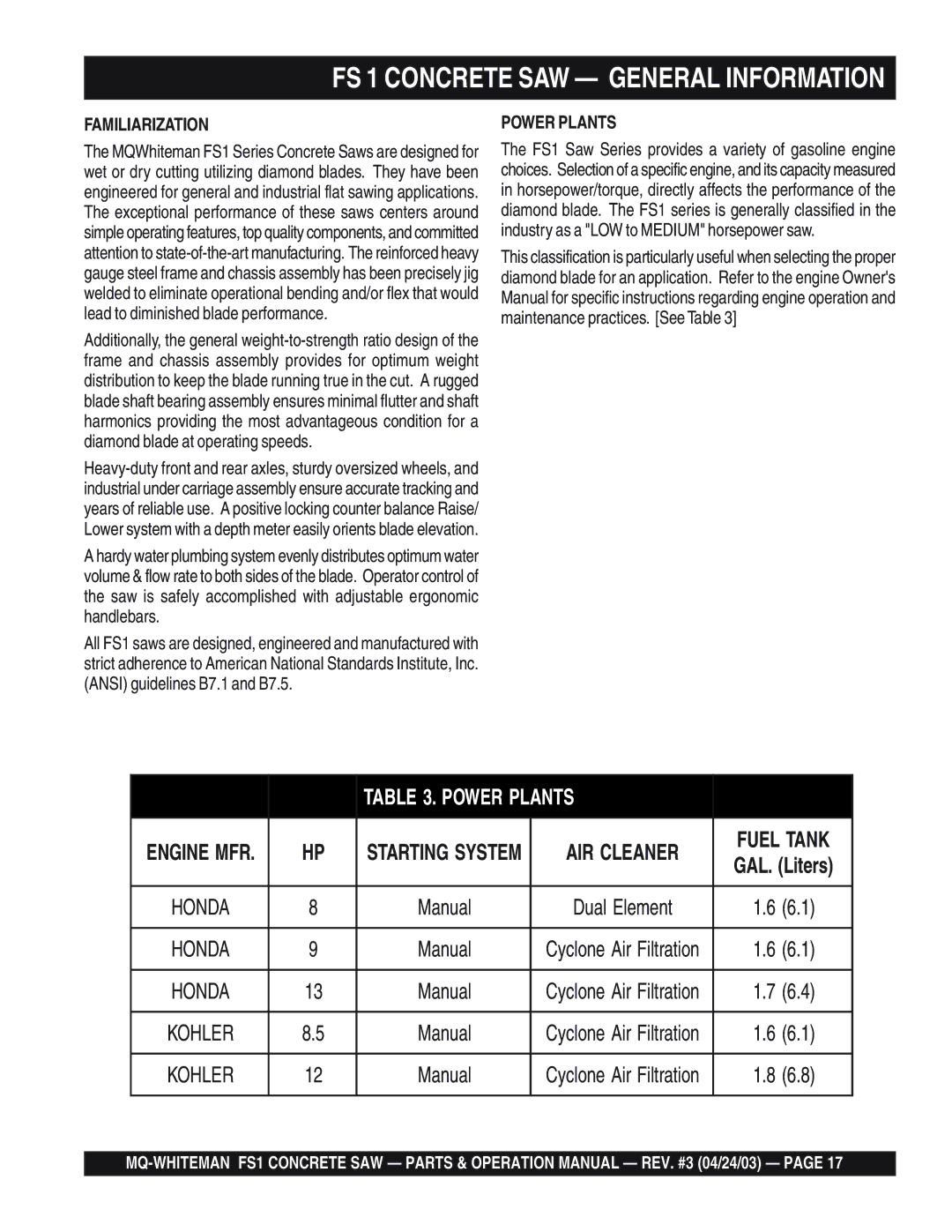 Multiquip operation manual FS 1 Concrete SAW General Information, Manual 