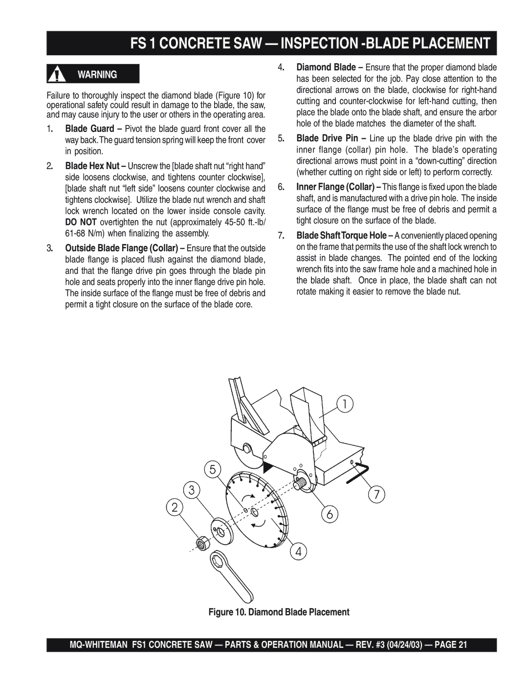 Multiquip FS 1 Concrete SAW Inspection -BLADE Placement, Position, 61-68 N/m when finalizing the assembly 