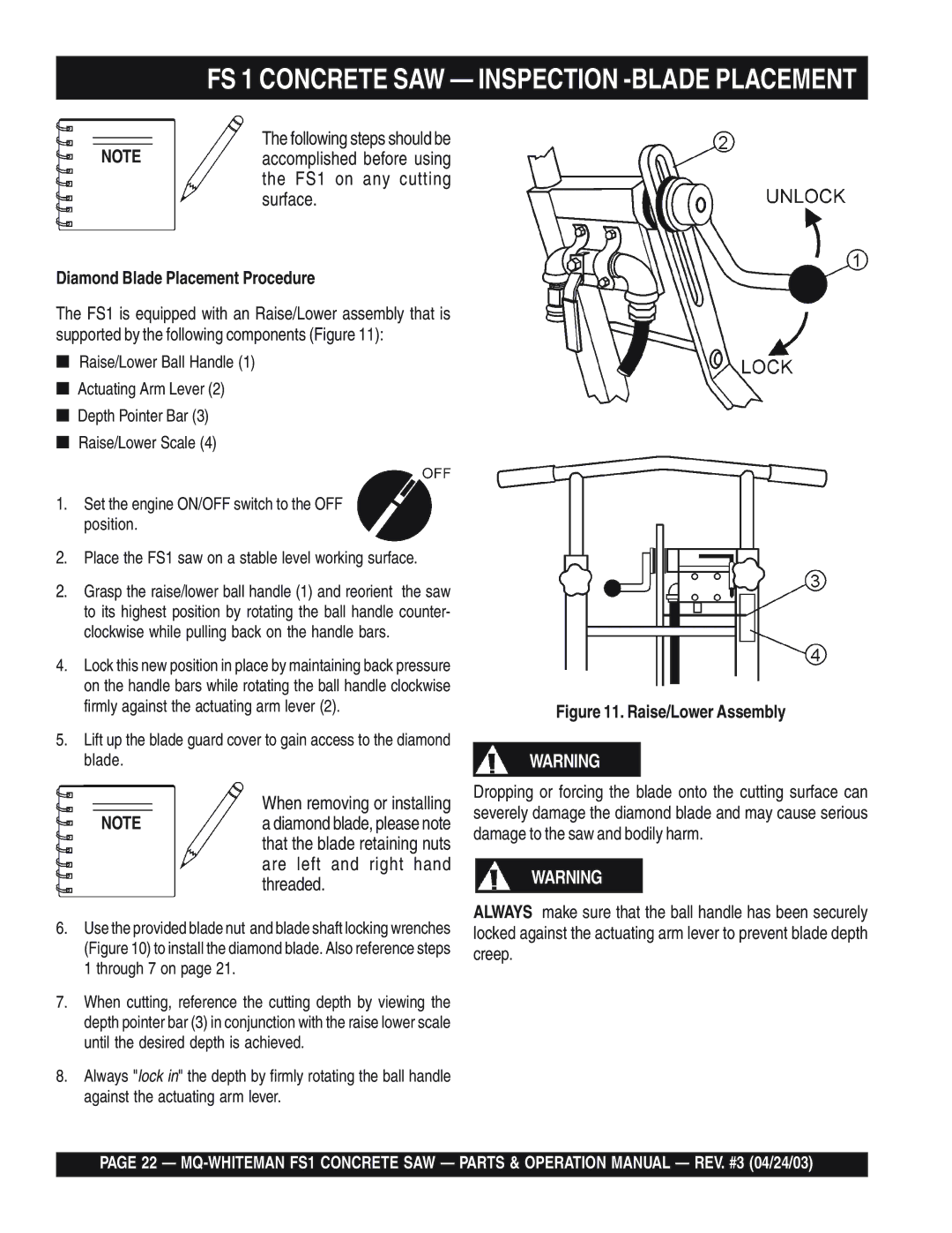 Multiquip operation manual FS 1 Concrete SAW Inspection -BLADE Placement, Diamond Blade Placement Procedure 