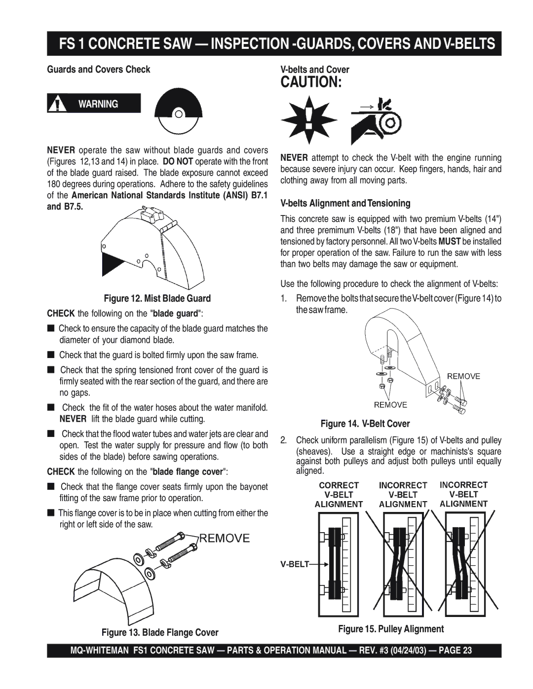 Multiquip operation manual FS 1 Concrete SAW Inspection -GUARDS, Covers ANDV-BELTS, Guards and Covers Check, B7.5 