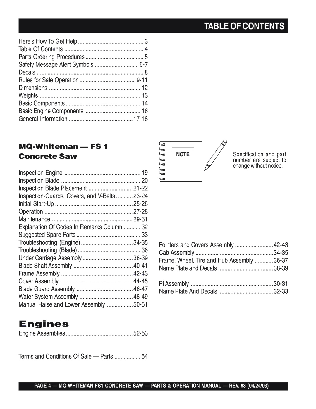 Multiquip FS 1 operation manual Table of Contents 