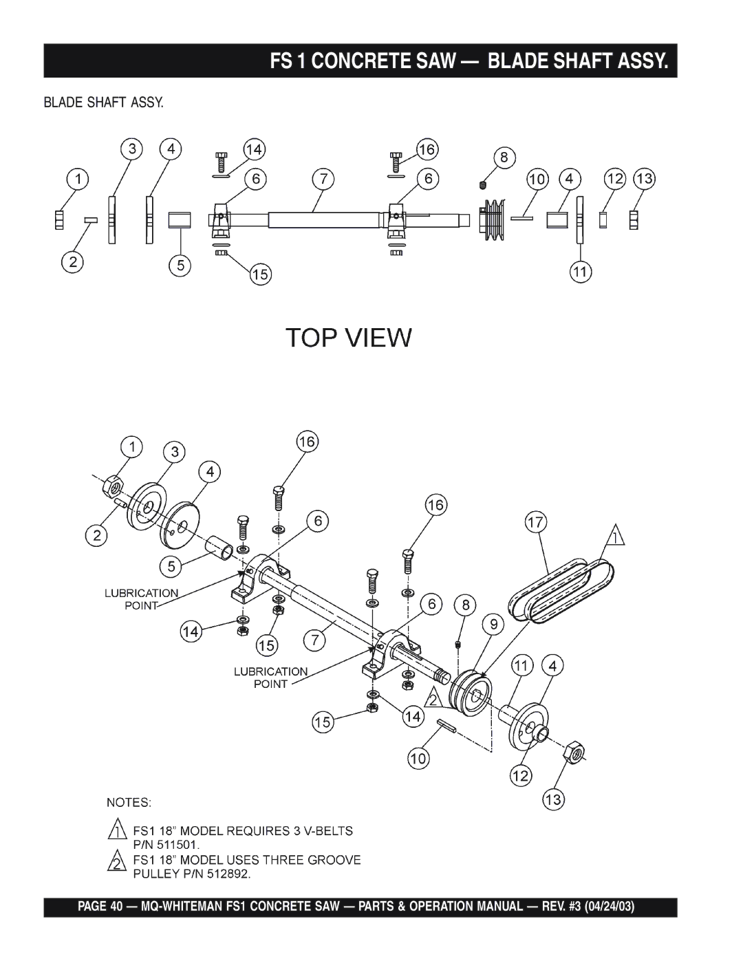 Multiquip operation manual FS 1 Concrete SAW Blade Shaft Assy 