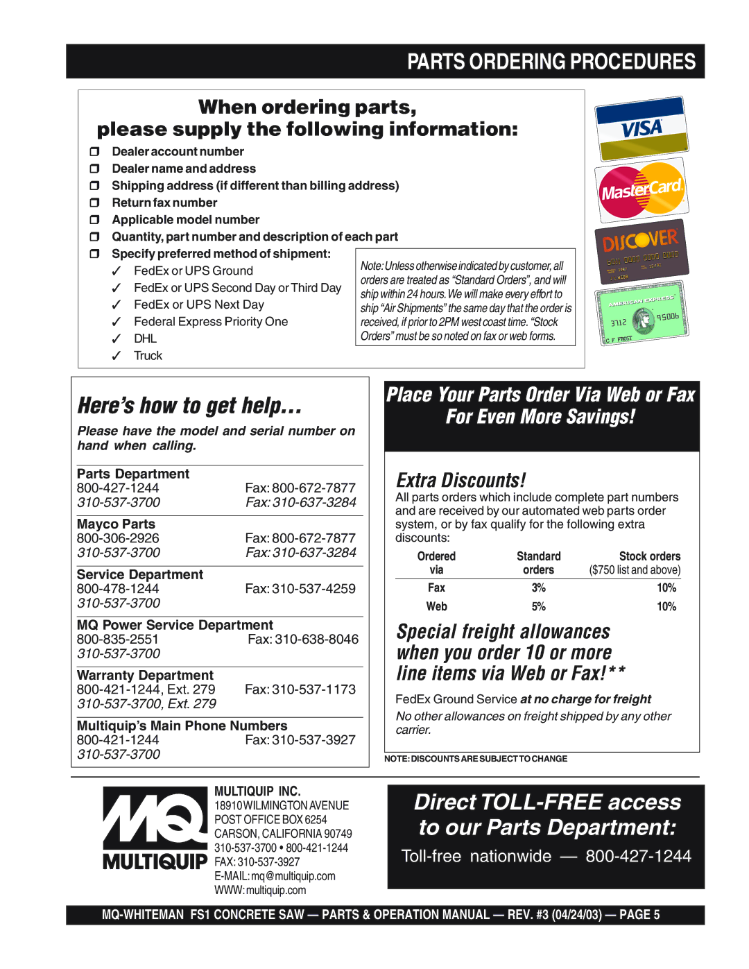 Multiquip FS 1 operation manual Parts Ordering Procedures 