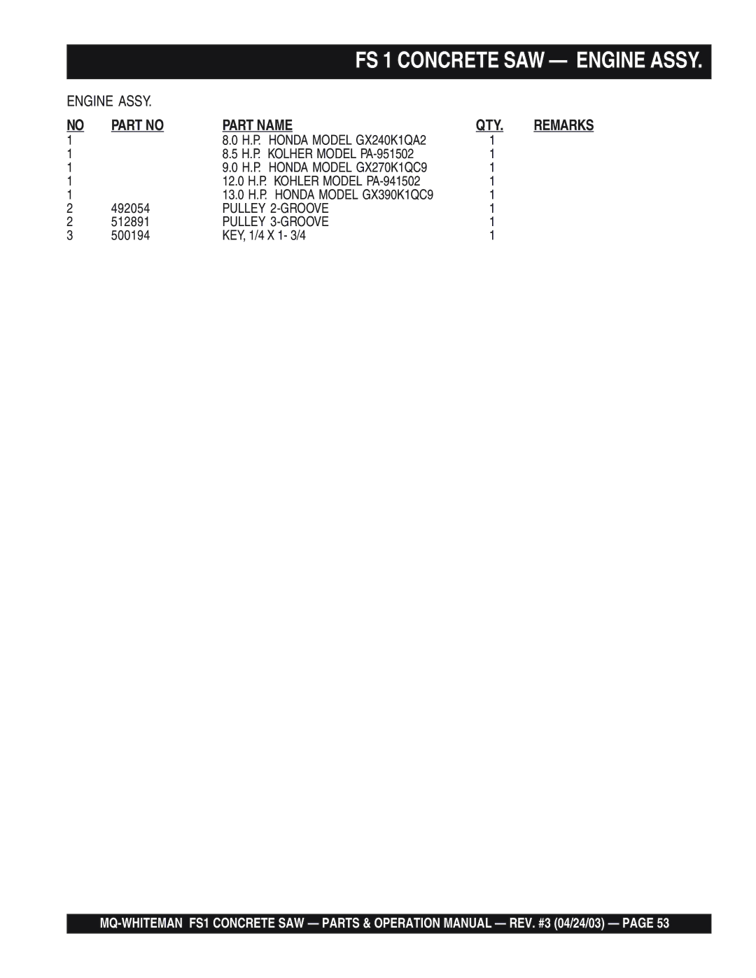 Multiquip FS 1 H.P. Kolher Model PA-951502, 12.0 H.P. Kohler Model PA-941502, 492054, 512891, 500194 KEY, 1/4 X 1- 3/4 