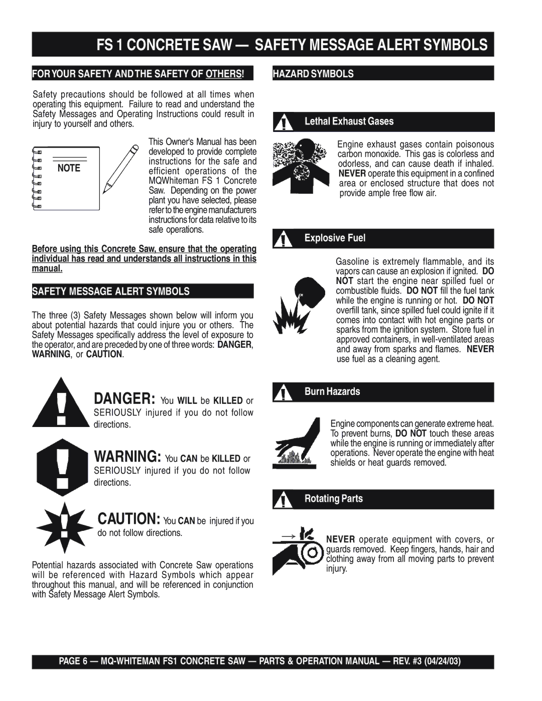 Multiquip FS 1 Concrete SAW Safety Message Alert Symbols, Seriously injured if you do not follow directions 