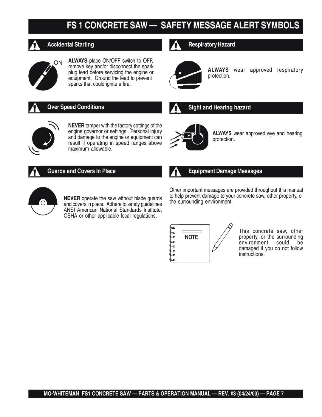 Multiquip operation manual FS 1 Concrete SAW Safety Message Alert Symbols, Always wear approved respiratory protection 