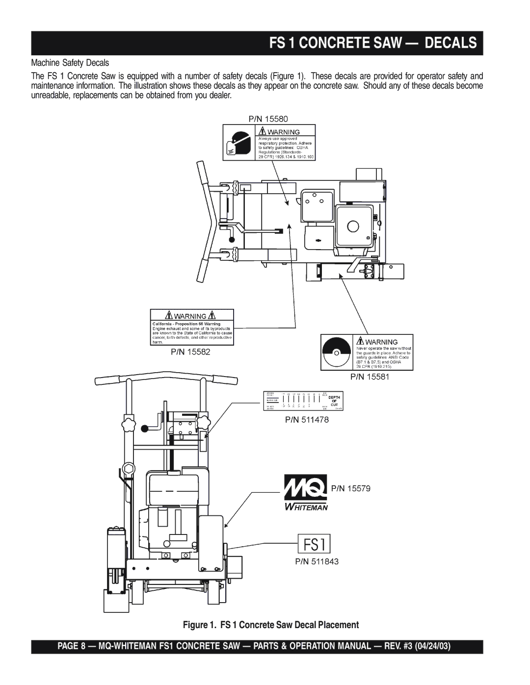 Multiquip operation manual FS 1 Concrete SAW Decals, Machine Safety Decals 