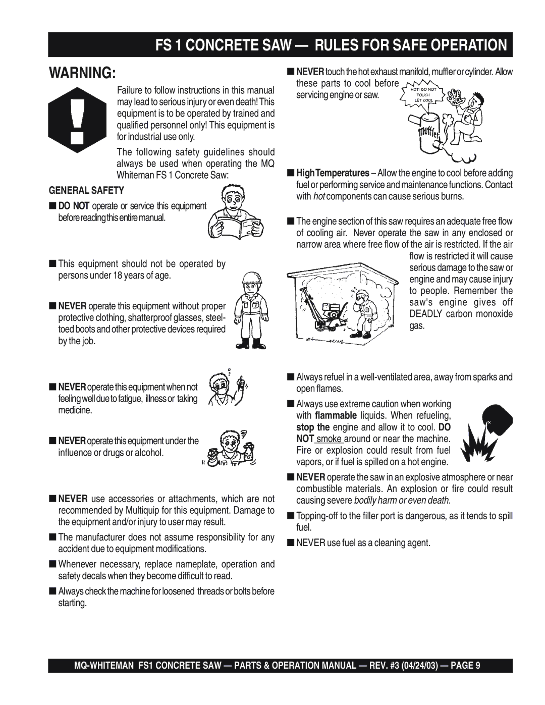 Multiquip operation manual FS 1 Concrete SAW Rules for Safe Operation, General Safety 