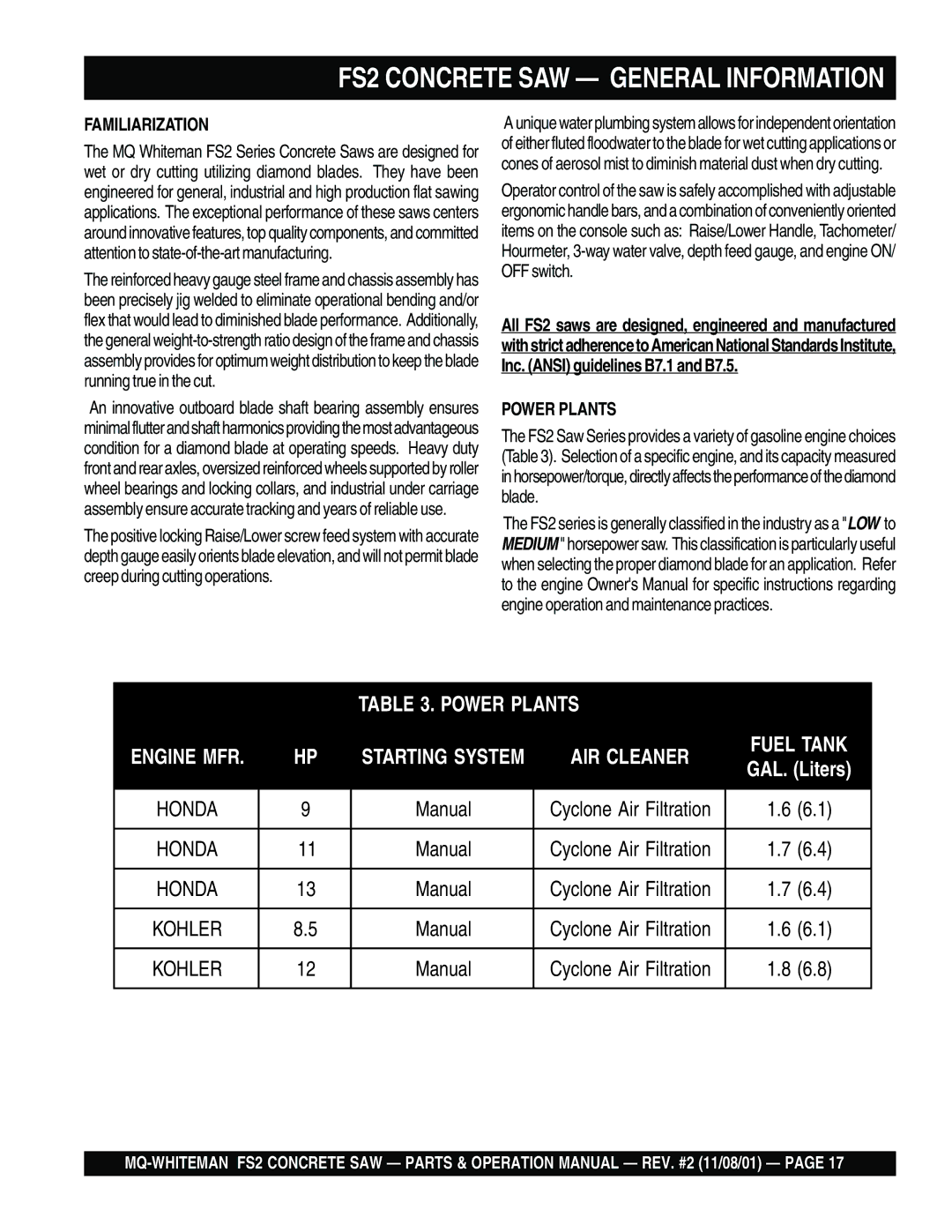 Multiquip operation manual FS2 Concrete SAW General Information, Manual Cyclone Air Filtration 