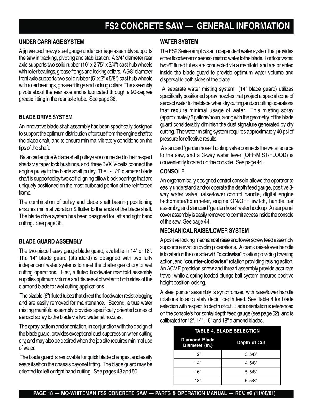 Multiquip operation manual FS2 Concrete SAW General Information, Under Carriage System 