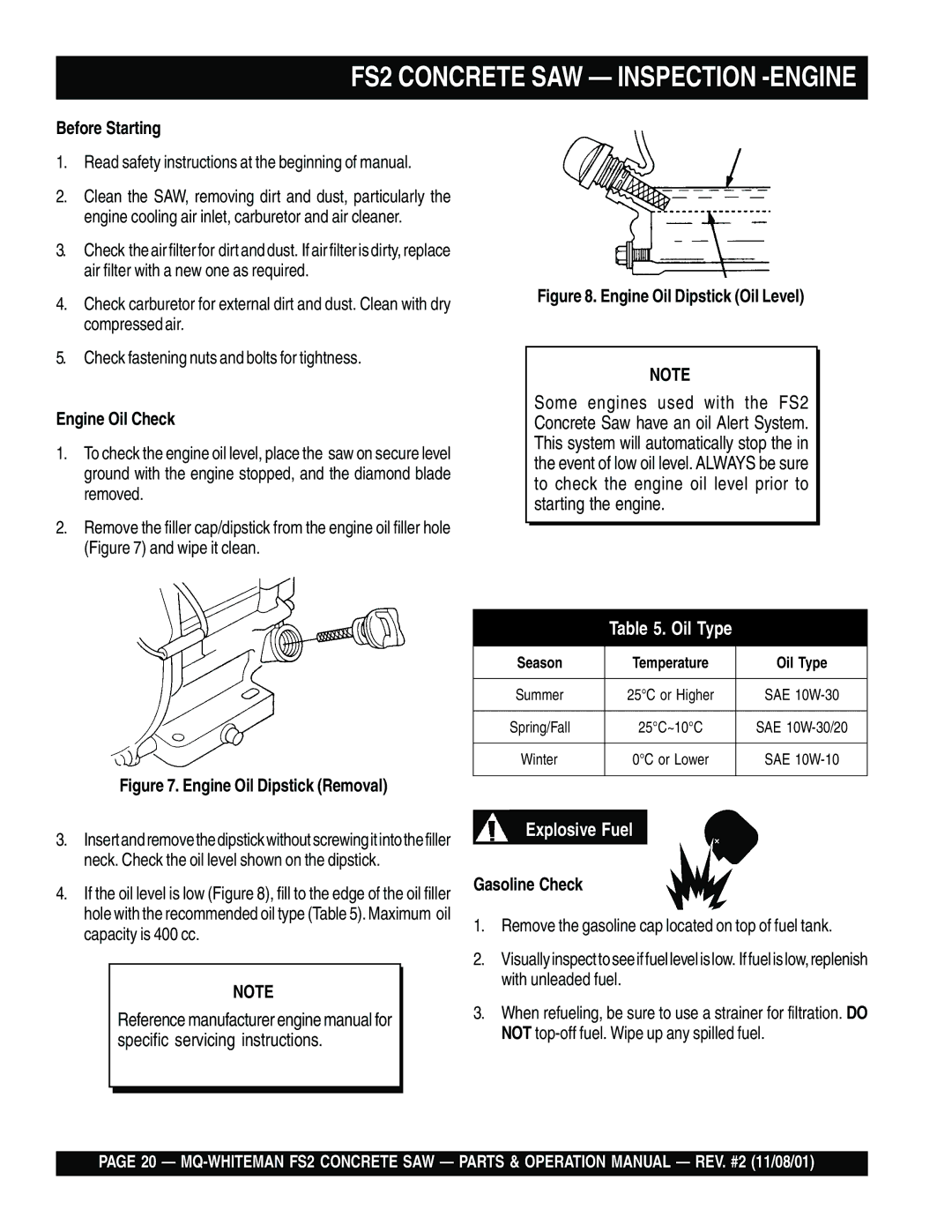 Multiquip FS2 Before Starting, Read safety instructions at the beginning of manual, Engine Oil Check, Gasoline Check 