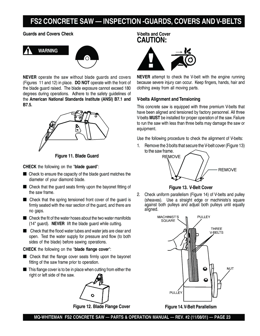 Multiquip operation manual FS2 Concrete SAW Inspection -GUARDS, Covers and V-BELTS 