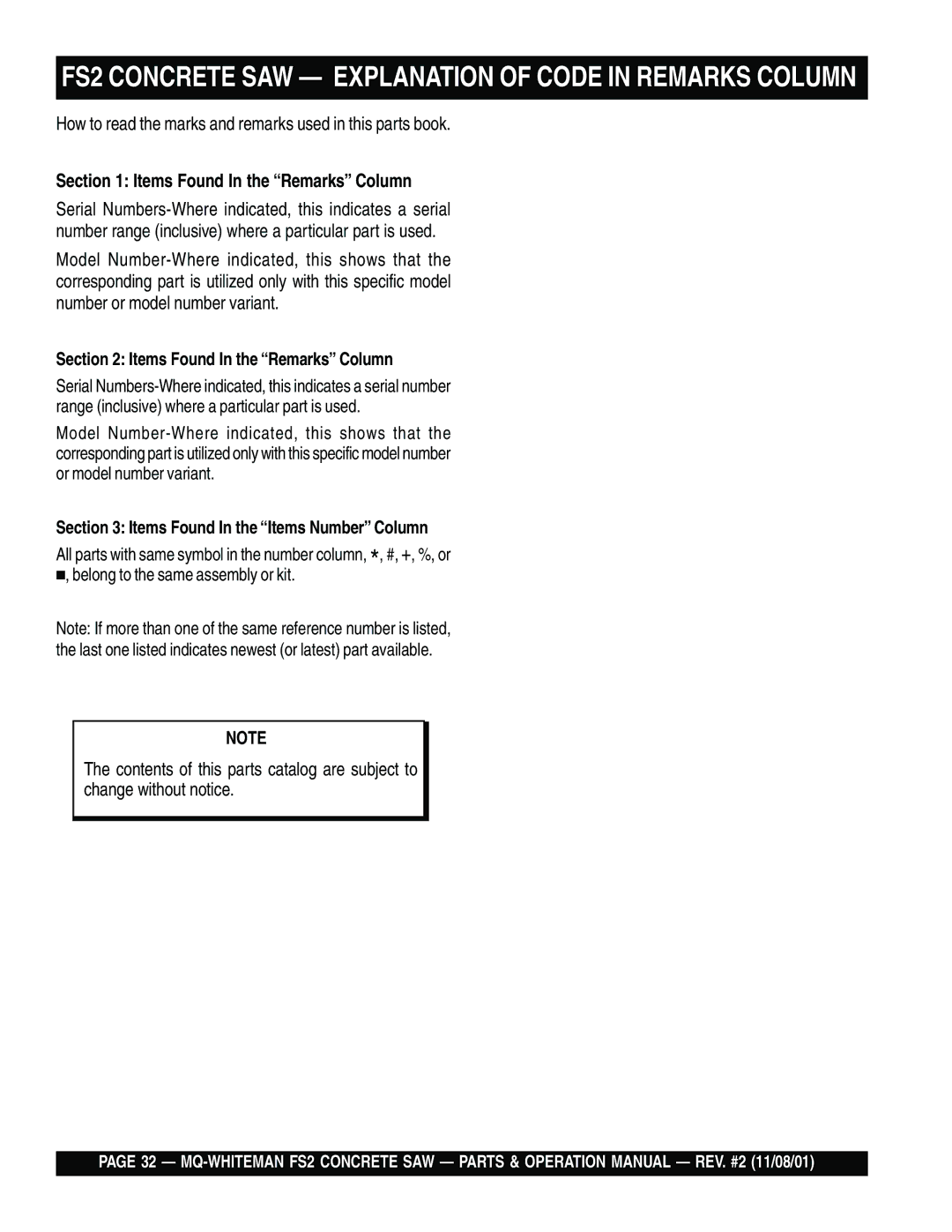 Multiquip operation manual FS2 Concrete SAW Explanation of Code in Remarks Column, Items Found In the Remarks Column 