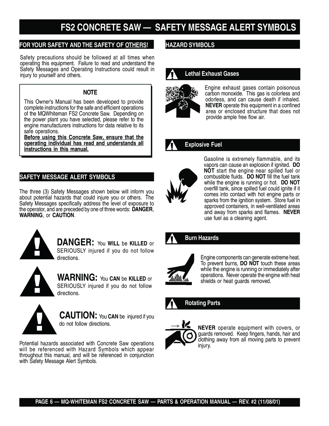 Multiquip FS2 Concrete SAW Safety Message Alert Symbols, Seriously injured if you do not follow directions 