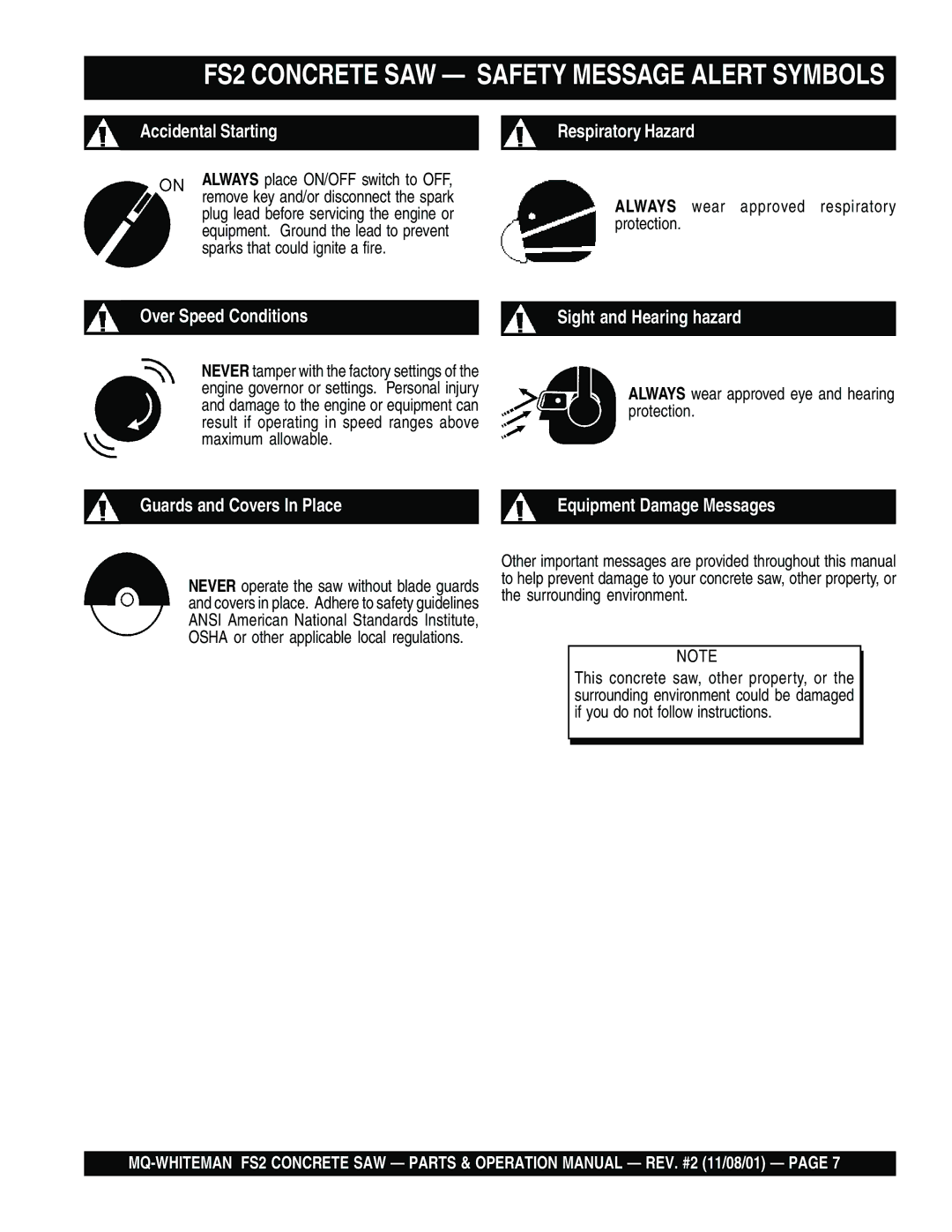 Multiquip operation manual FS2 Concrete SAW Safety Message Alert Symbols, Always wear approved respiratory protection 