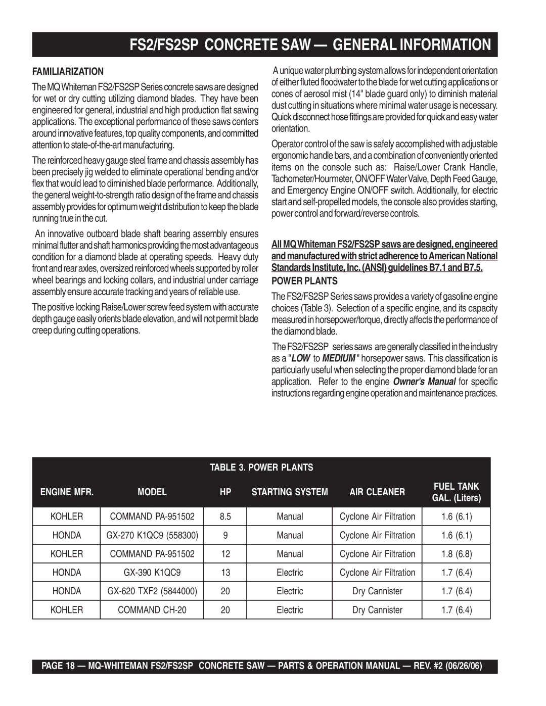 Multiquip operation manual FS2/FS2SP Concrete SAW General Information, Familiarization, Power Plants 