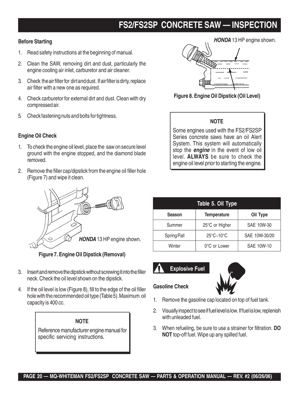 Multiquip FS2SP Before Starting, Read safety instructions at the beginning of manual, Engine Oil Check, Gasoline Check 