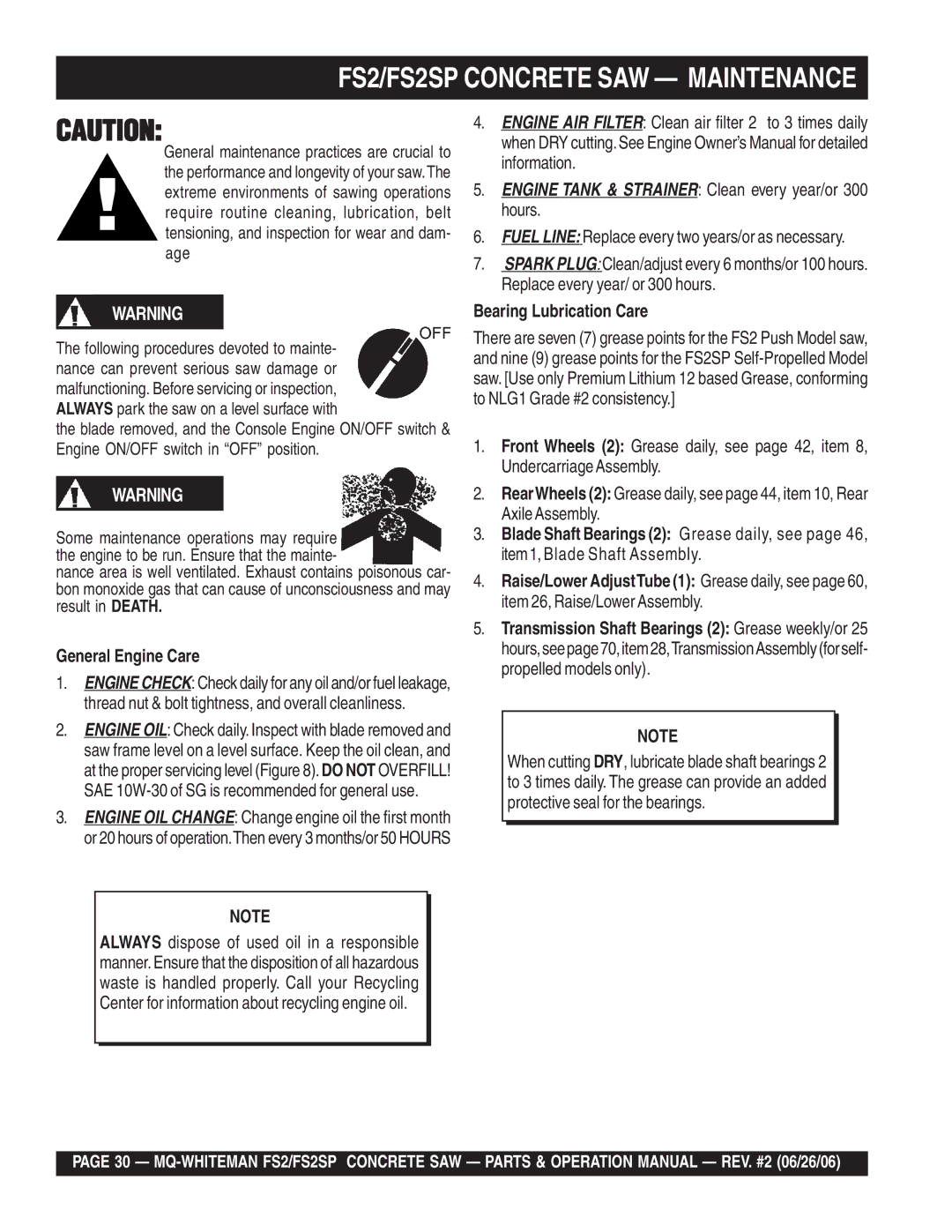 Multiquip FS2SP operation manual General Engine Care, Bearing Lubrication Care 