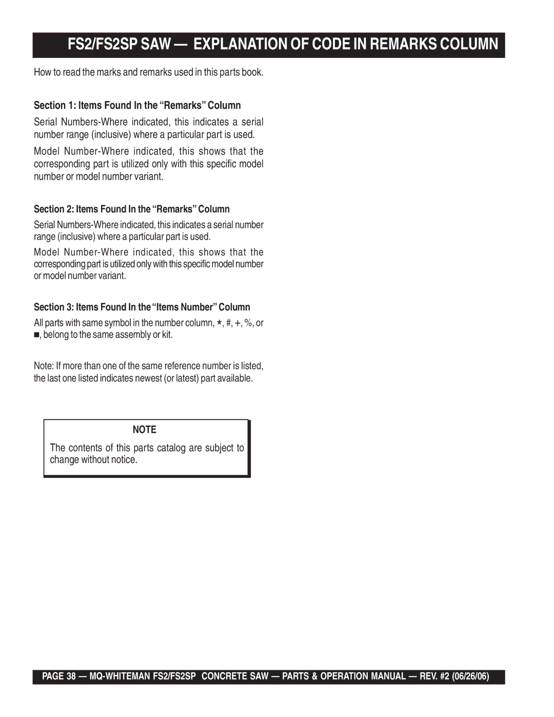 Multiquip operation manual FS2/FS2SP SAW Explanation of Code in Remarks Column, Items Found In the Remarks Column 