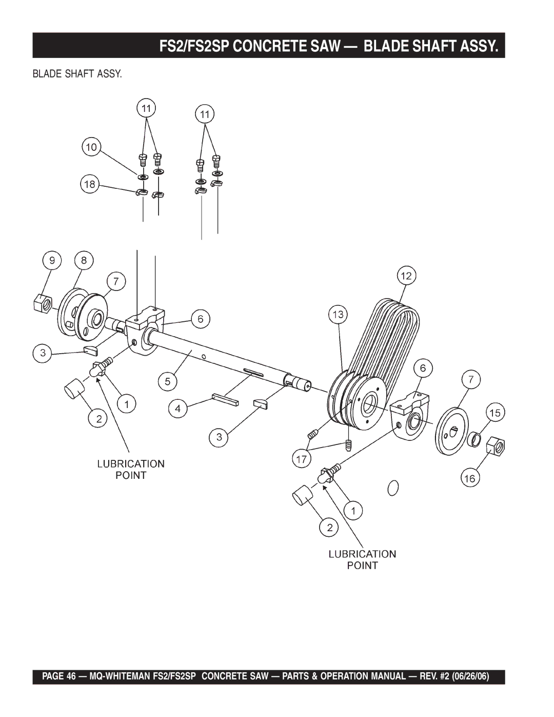 Multiquip operation manual FS2/FS2SP Concrete SAW Blade Shaft Assy 