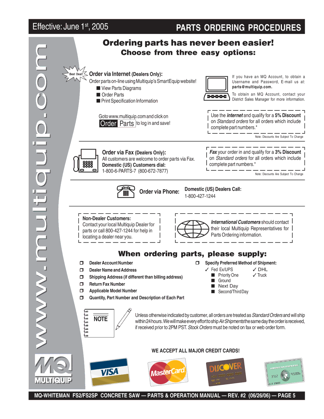 Multiquip FS2SP operation manual Best Deal! Order via Internet Dealers Only, Order via Fax Dealers Only 