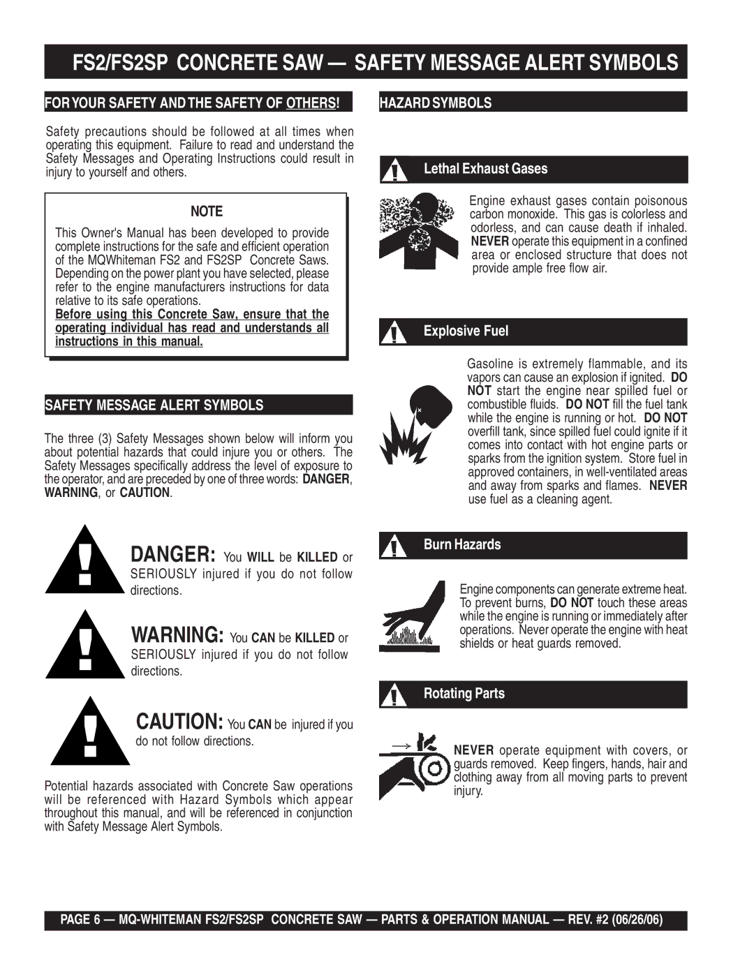 Multiquip FS2/FS2SP Concrete SAW Safety Message Alert Symbols, Seriously injured if you do not follow directions 