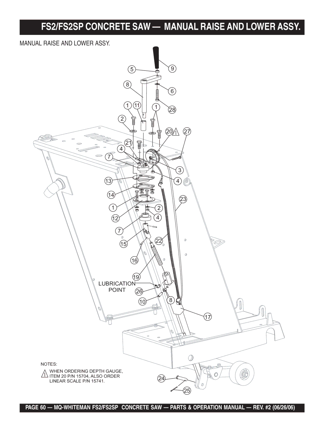 Multiquip operation manual FS2/FS2SP Concrete SAW Manual Raise and Lower Assy 