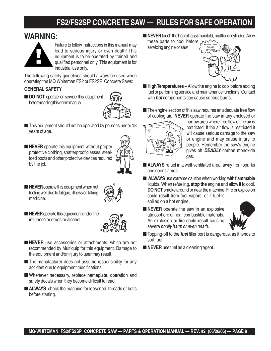 Multiquip operation manual FS2/FS2SP Concrete SAW Rules for Safe Operation, General Safety, Spilled on a hot engine 