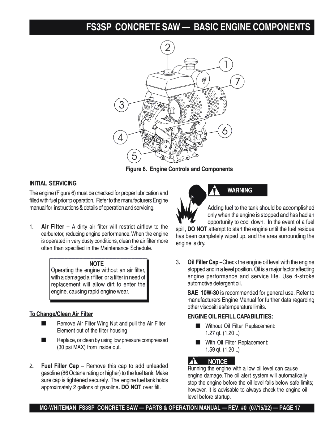 Multiquip FS3SP operation manual Initial Servicing, To Change/Clean Air Filter 