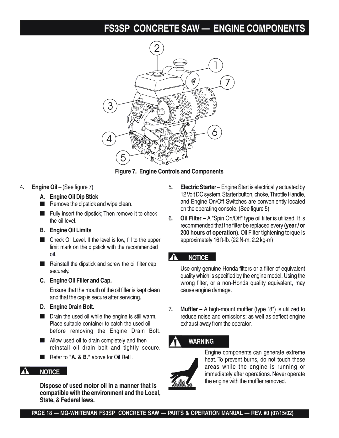 Multiquip FS3SP operation manual Engine Oil Dip Stick, Engine Oil Limits, Engine Oil Filler and Cap, Engine Drain Bolt 