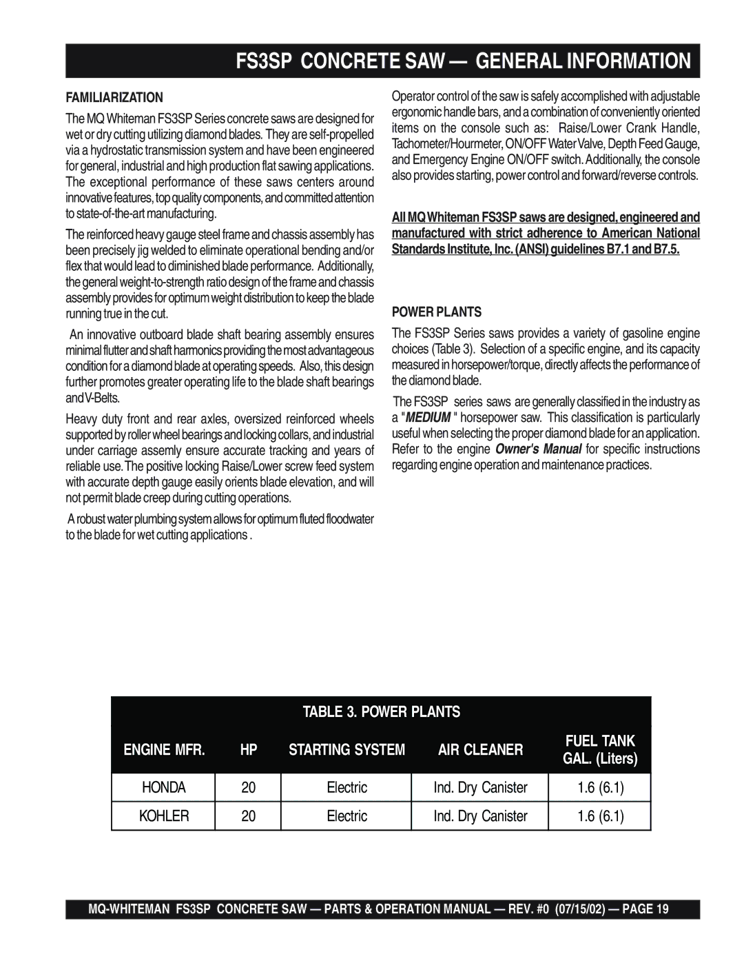 Multiquip operation manual FS3SP Concrete SAW General Information, Familiarization, Power Plants 