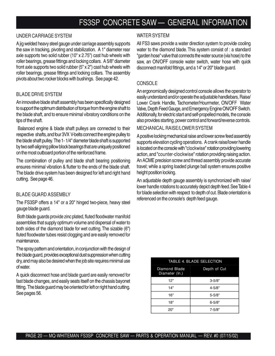 Multiquip FS3SP operation manual Under Carriage System, Blade Drive System, Blade Guard Assembly, Water System, Console 