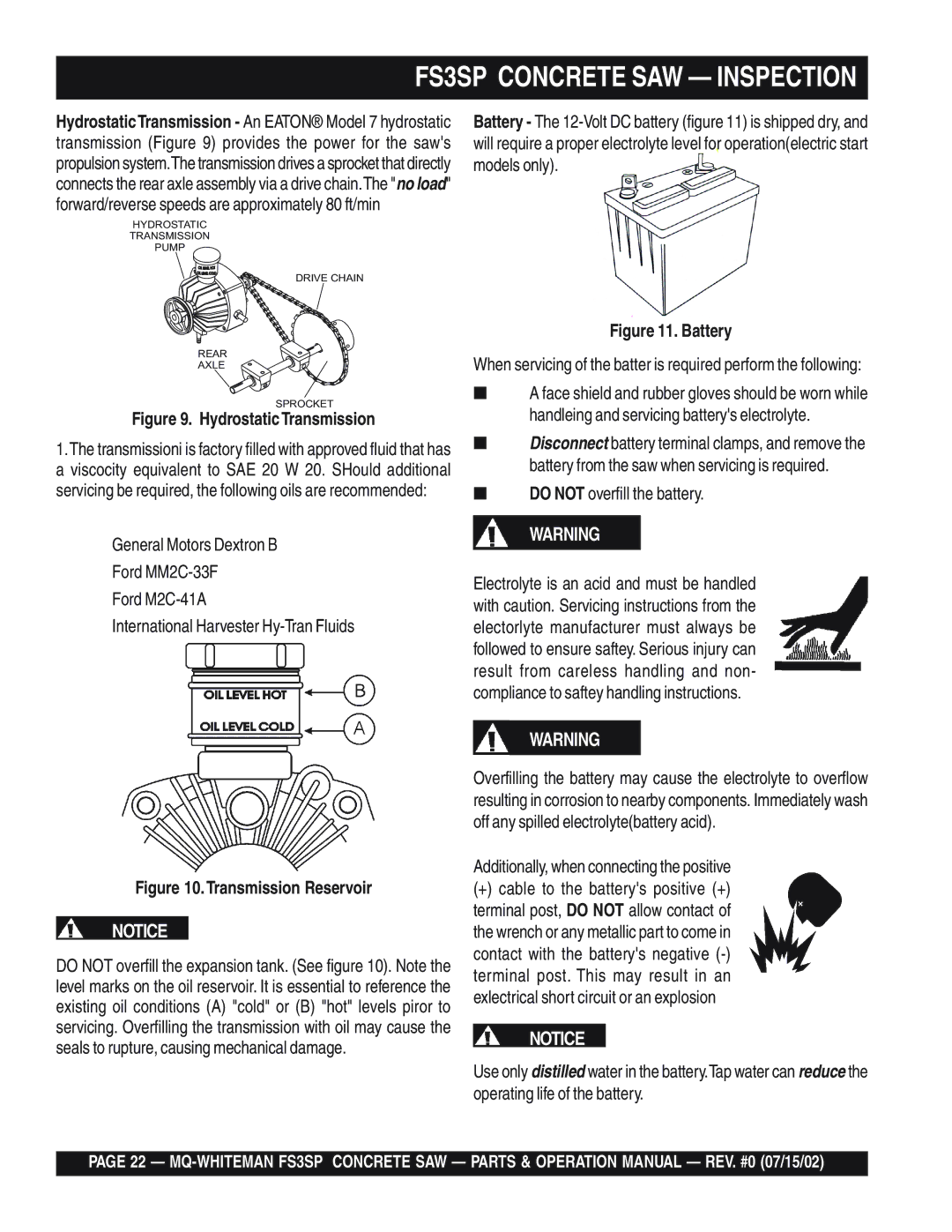 Multiquip FS3SP operation manual Do not overfill the battery, Additionally, when connecting the positive 