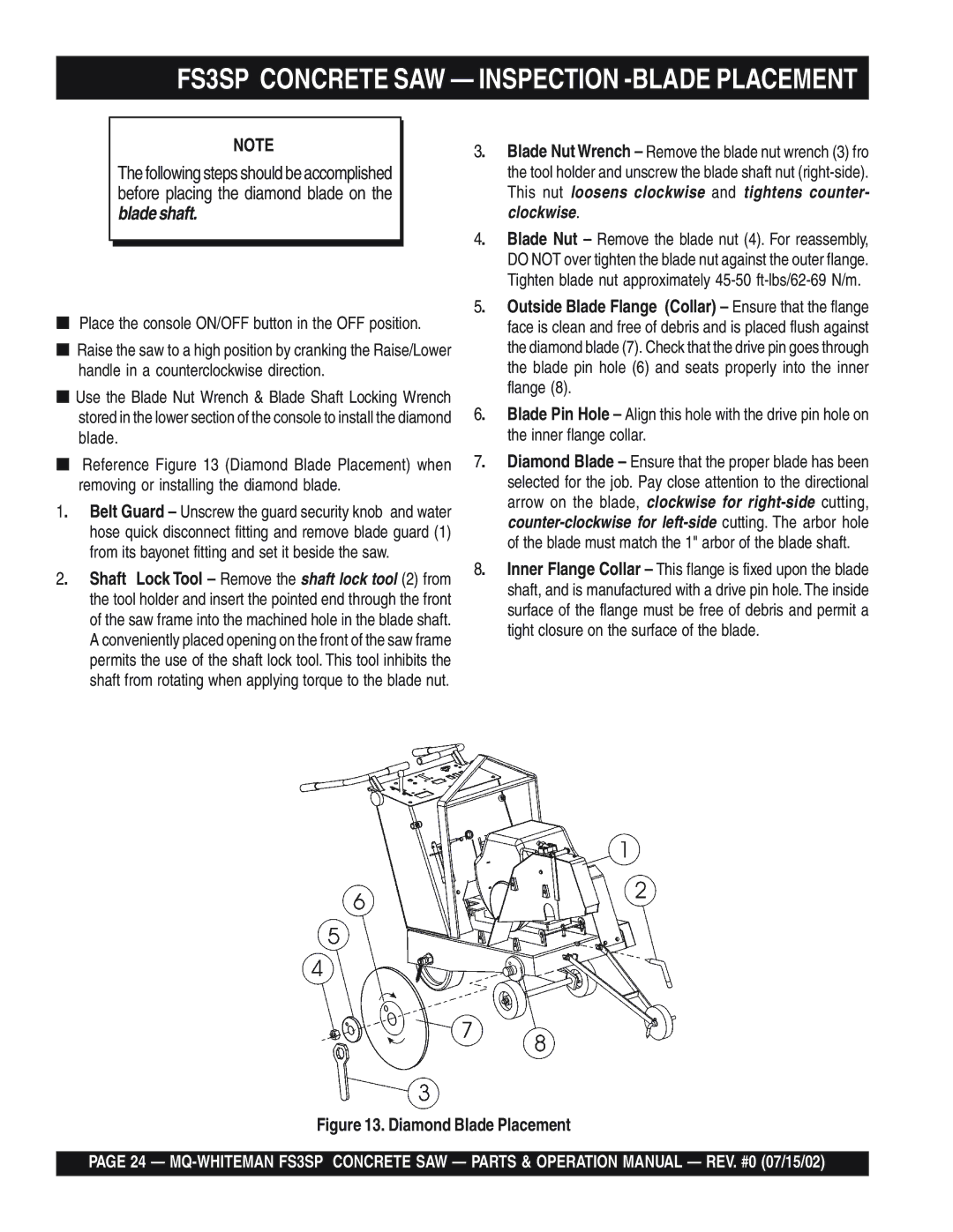 Multiquip operation manual FS3SP Concrete SAW Inspection -BLADE Placement, Diamond Blade Placement 