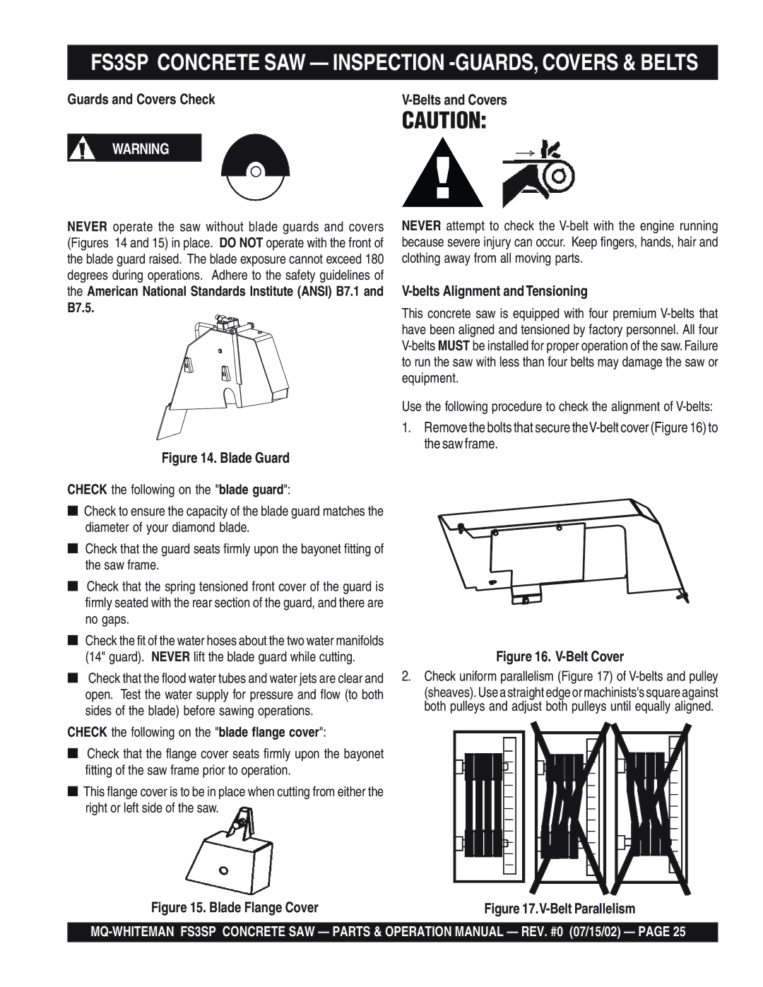 Multiquip FS3SP Guards and Covers Check, B7.5, Check the following on the blade flange cover, Belts and Covers 