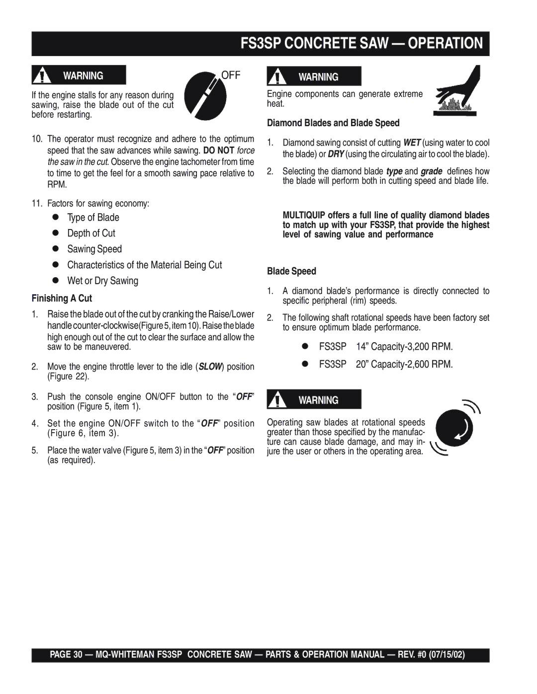 Multiquip FS3SP operation manual Factors for sawing economy, Finishing a Cut, Diamond Blades and Blade Speed 