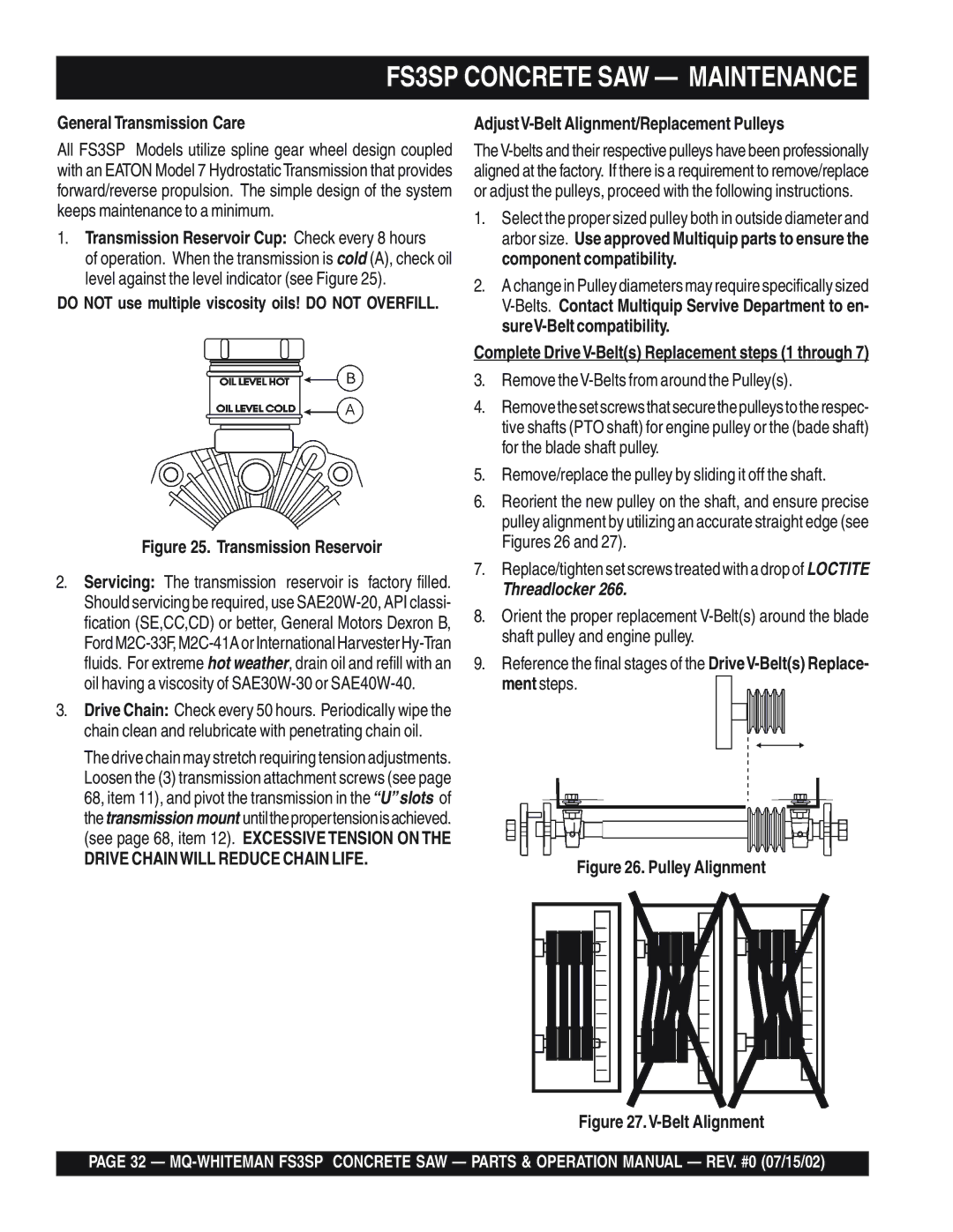 Multiquip FS3SP General Transmission Care, Drive Chainwill Reduce Chain Life, AdjustV-Belt Alignment/Replacement Pulleys 